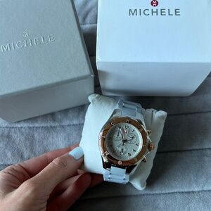 MICHELE Silver Dial Wheat Silicone Strap Ladies 38mm Jellybean Chronograph Watch